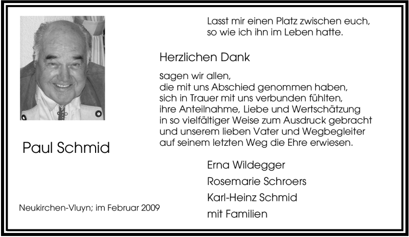  Traueranzeige für Paul Schmid vom 07.02.2009 aus Tageszeitung