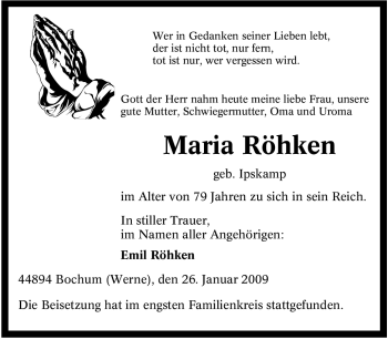Traueranzeige von Maria Röhken von Tageszeitung