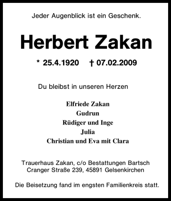 Traueranzeige von Herbert Zakan von Tageszeitung