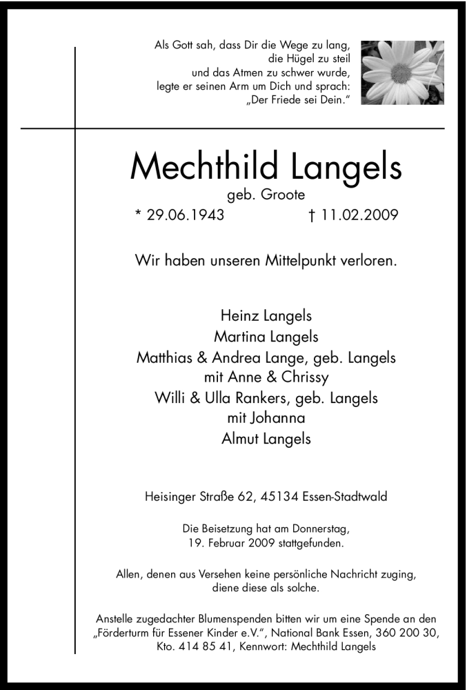  Traueranzeige für Mechthild Langels vom 20.02.2009 aus Tageszeitung
