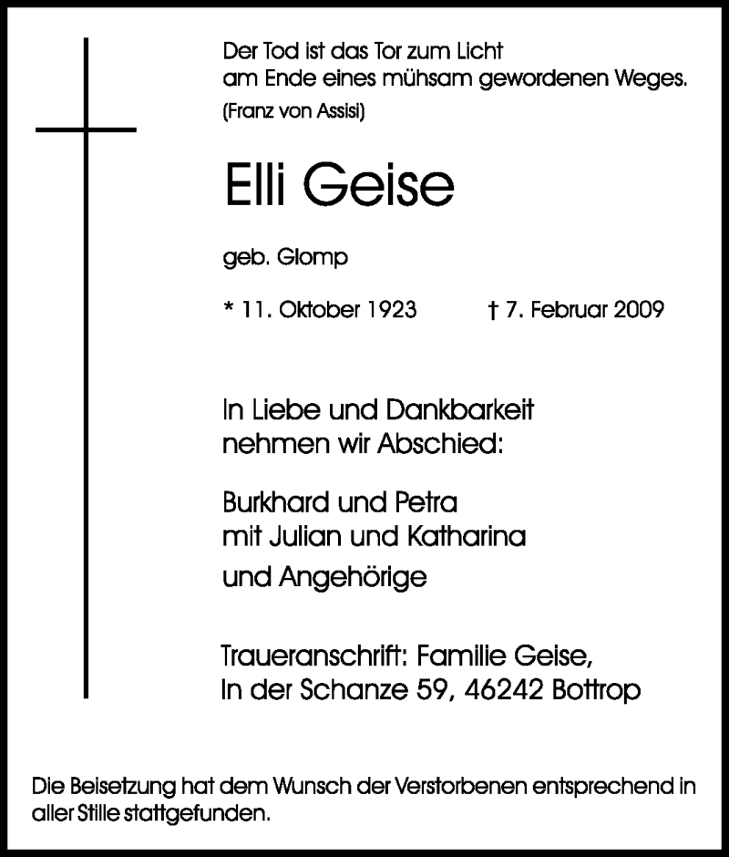  Traueranzeige für Elli Geise vom 11.02.2009 aus Tageszeitung