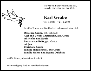 Traueranzeige von Karl Grube von Tageszeitung