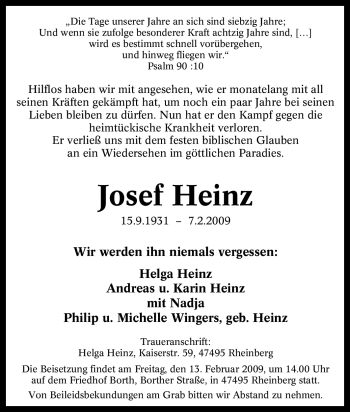 Traueranzeige von Josef Heinz von Tageszeitung