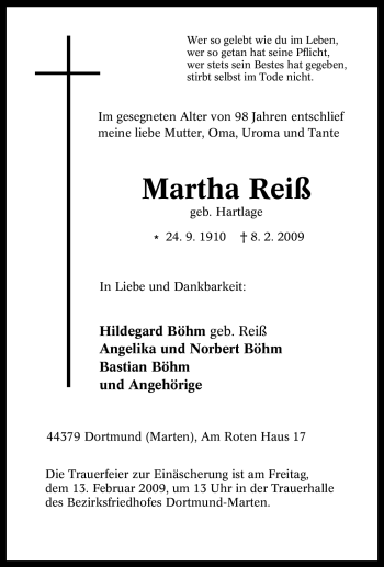 Traueranzeige von Martha Reiß von Tageszeitung