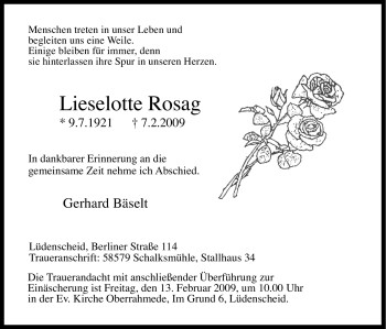 Traueranzeige von Lieselotte Rosag von Tageszeitung