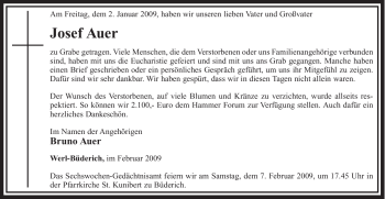 Traueranzeige von Josef Auer von Tageszeitung