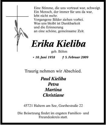 Traueranzeige von Erika Kieliba von Tageszeitung