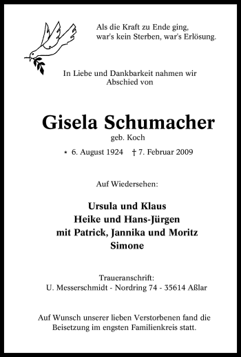 Traueranzeige von Gisela Schumacher von Tageszeitung