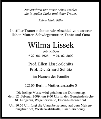 Traueranzeige von Wilma Lissek von Tageszeitung