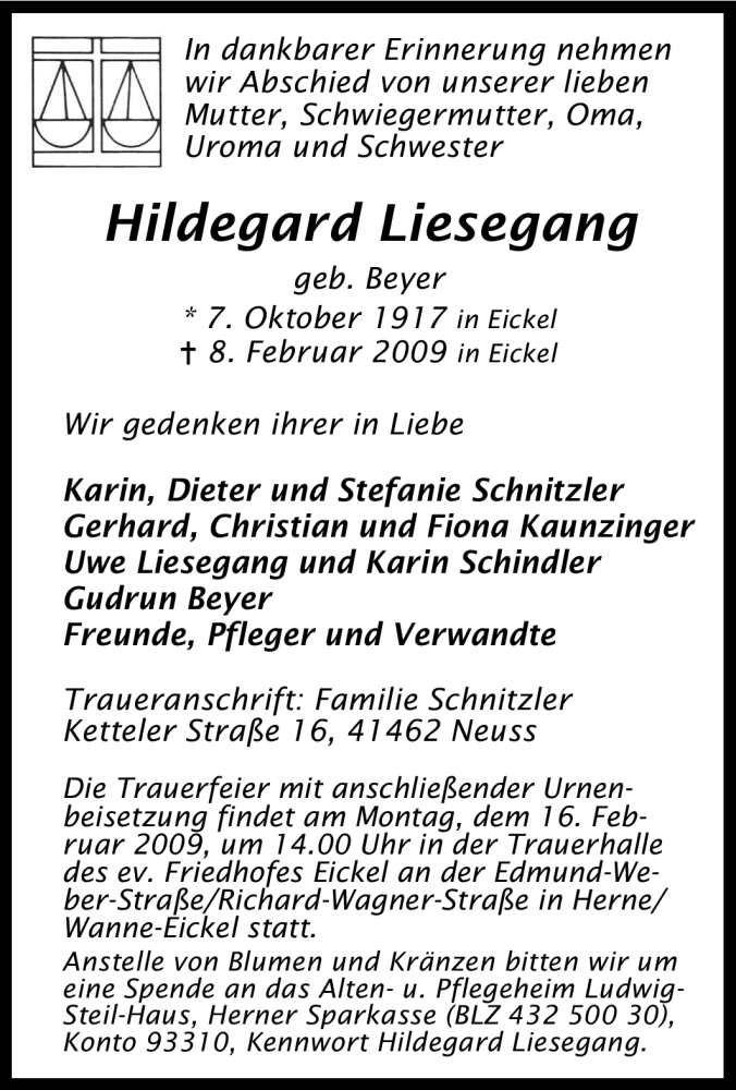  Traueranzeige für Hildegard Liesegang vom 12.02.2009 aus Tageszeitung
