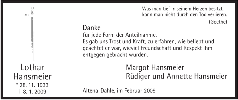  Traueranzeige für Lothar Hansmeier vom 04.02.2009 aus Tageszeitung