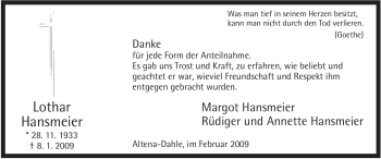 Traueranzeige von Lothar Hansmeier von Tageszeitung