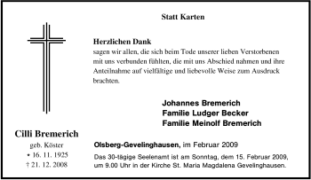 Traueranzeige von Cilli Bremerich von Tageszeitung