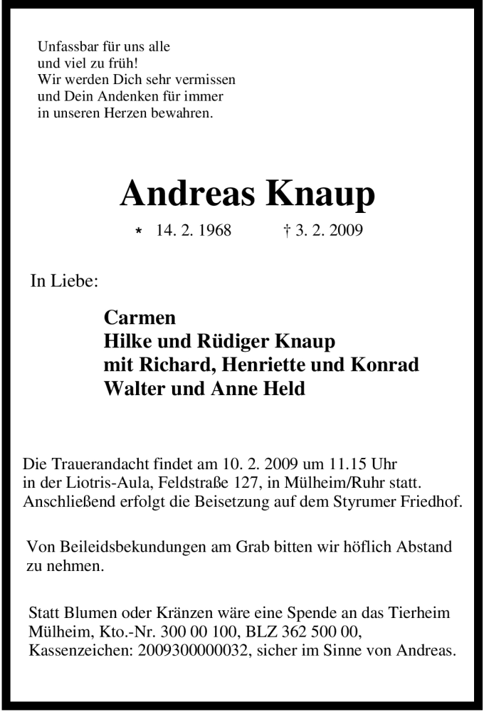  Traueranzeige für Andreas Knaup vom 07.02.2009 aus Tageszeitung