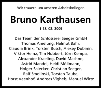 Traueranzeige von Bruno Karthausen von Tageszeitung