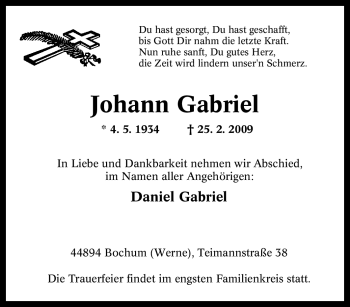 Traueranzeige von Johann Gabriel von Tageszeitung