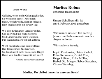 Traueranzeige von Marlies Kobus von Tageszeitung