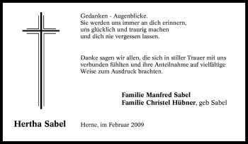 Traueranzeige von Hertha Sabel von Tageszeitung