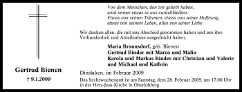 Traueranzeige von Gertrud Bienen von Tageszeitung