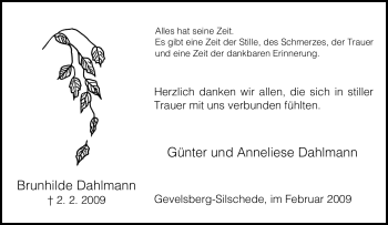 Traueranzeige von Brunhilde Dahlmann von Tageszeitung