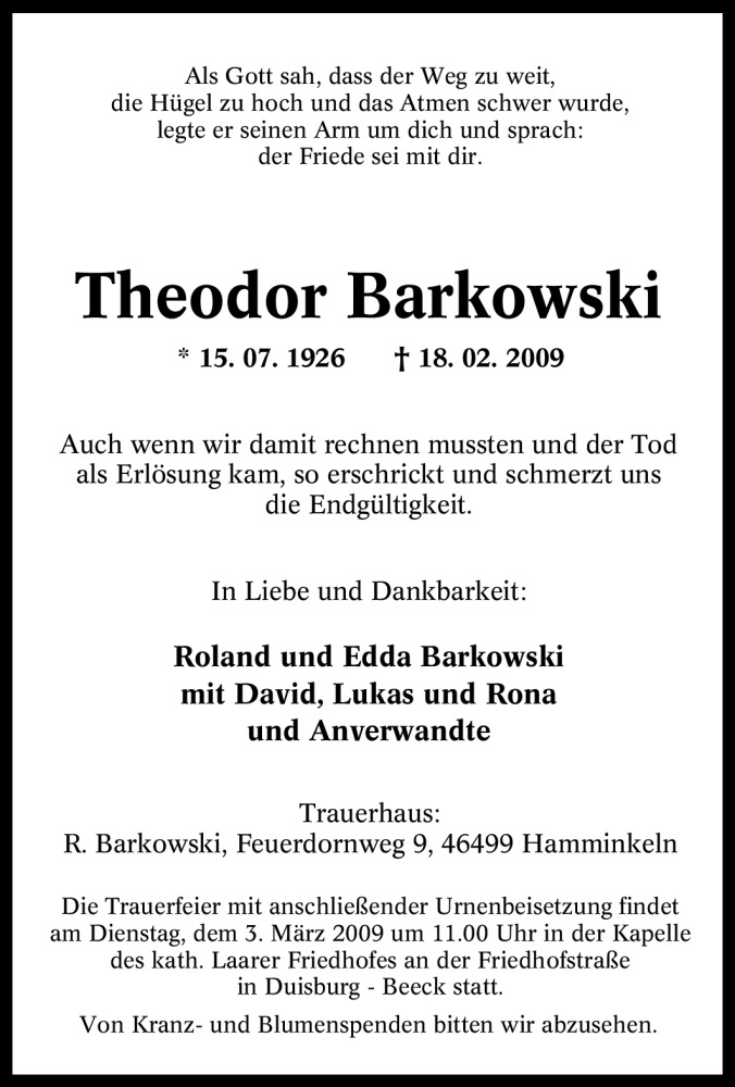 Traueranzeige für Theodor Barkowski vom 25.02.2009 aus Tageszeitung