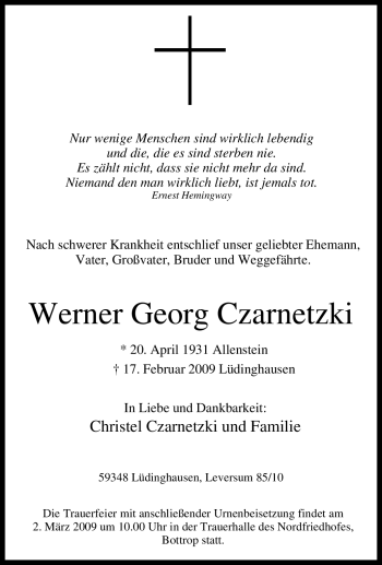 Traueranzeige von Werner Georg Czarnetzki von Tageszeitung