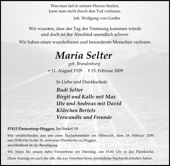 Traueranzeige von Maria Selter von Tageszeitung