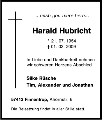 Traueranzeige von Harald Hubricht von Tageszeitung