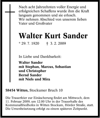 Traueranzeige von Walter Kurt Sander von Tageszeitung
