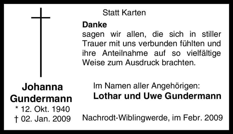  Traueranzeige für Johanna Gundermann vom 14.02.2009 aus Tageszeitung