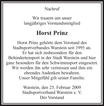 Traueranzeige von Horst Prinz von Tageszeitung
