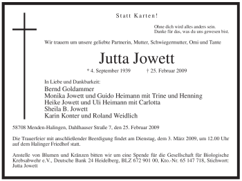 Traueranzeige von Jutta Jowett von Tageszeitung
