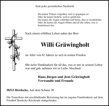 Traueranzeige von Willi Gräwingholt von Tageszeitung