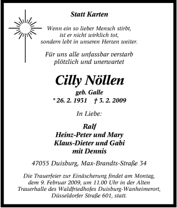 Traueranzeige von Cilly Nöllen von Tageszeitung