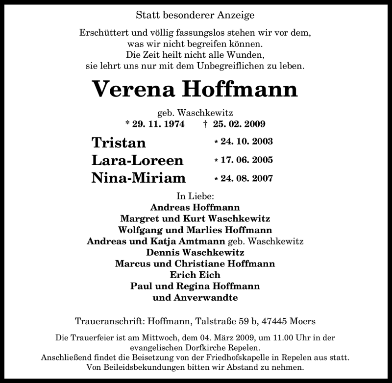  Traueranzeige für Verena Hoffmann vom 28.02.2009 aus Tageszeitung