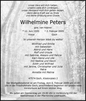 Traueranzeige von Wilhelmine Peters von Tageszeitung