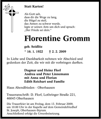 Traueranzeige von Florentine Gromm von Tageszeitung