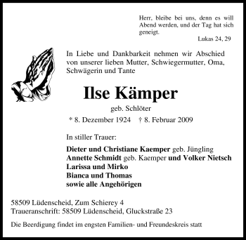Traueranzeige von Ilse Kämper von Tageszeitung