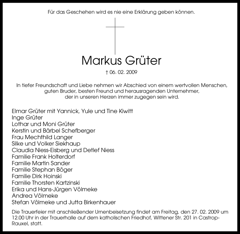  Traueranzeige für Markus Grüter vom 25.02.2009 aus Tageszeitung