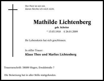 Traueranzeige von Mathilde Lichtenberg von Tageszeitung