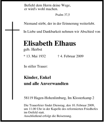 Traueranzeige von Elisabeth Elhaus von Tageszeitung