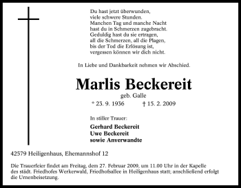 Traueranzeige von Marlis Beckereit von Tageszeitung