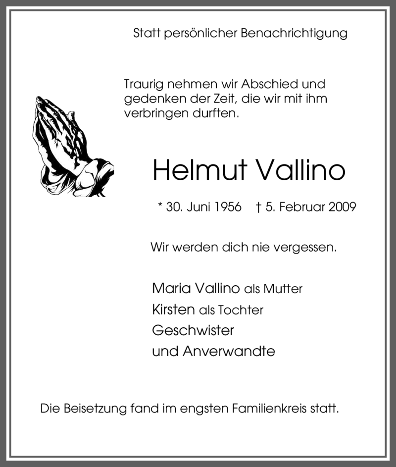  Traueranzeige für Helmut Vallino vom 24.02.2009 aus Tageszeitung