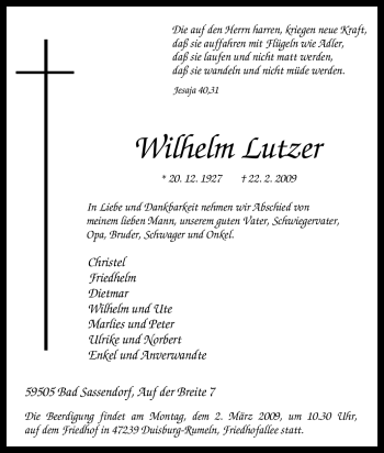 Traueranzeige von Wilhelm Lutzer von Tageszeitung