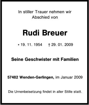 Traueranzeige von Rudi Breuer von Tageszeitung