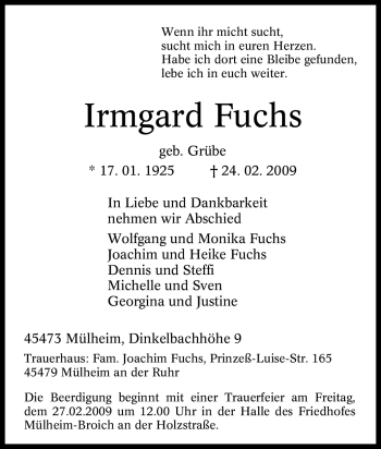 Traueranzeige von Irmgard Fuchs von Tageszeitung