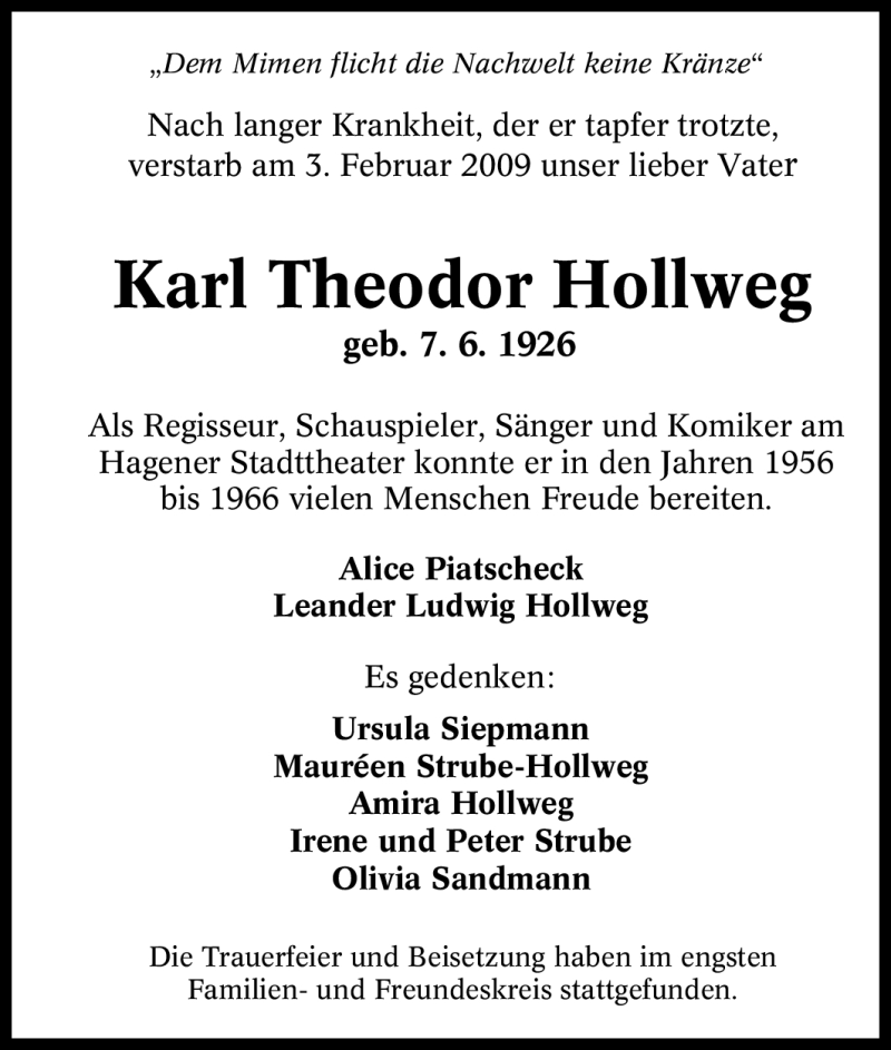  Traueranzeige für Karl Theodor Hollweg vom 11.02.2009 aus Tageszeitung