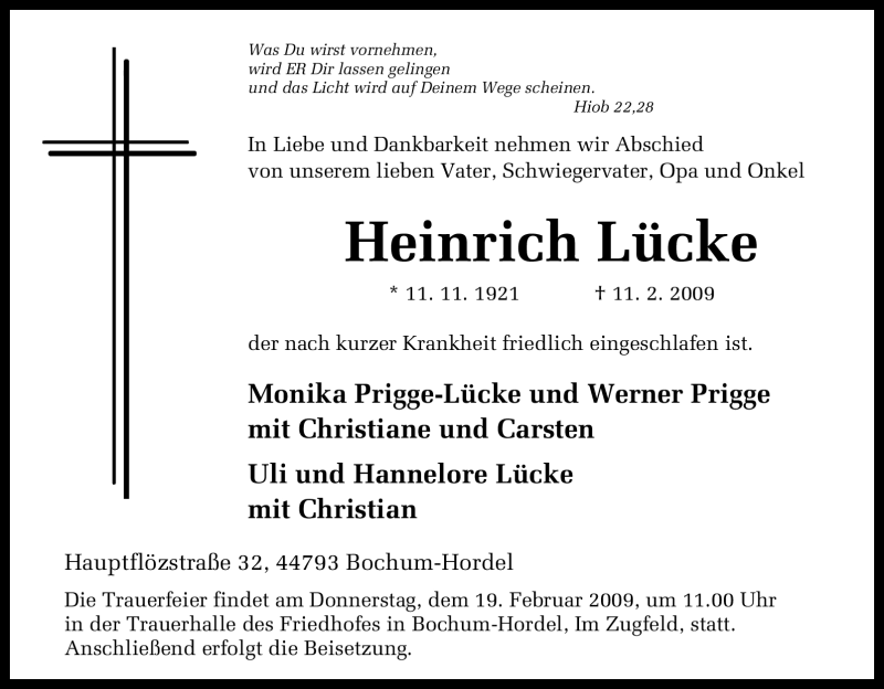  Traueranzeige für Heinrich Lücke vom 14.02.2009 aus Tageszeitung