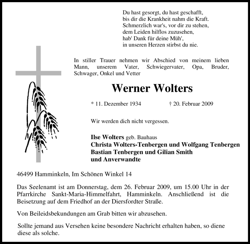  Traueranzeige für Werner Wolters vom 24.02.2009 aus Tageszeitung