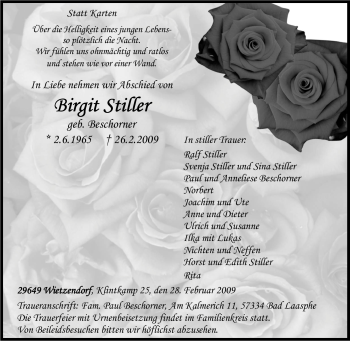 Traueranzeige von Birgit Stiller von Tageszeitung